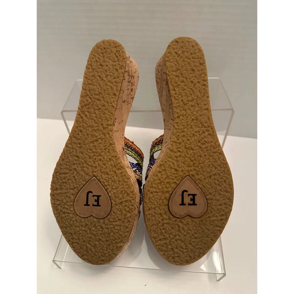 Eric Javits Multi Color Woven Cork Wedge Sandals Slides Brown Green Blue